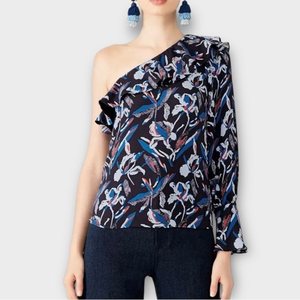Tanya Taylor Blue Floral Orla One Shoulder Long Sleeve Silk Top Women’s Size 0